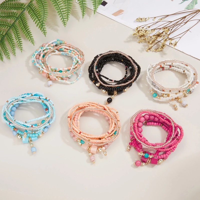 8 Pcs Gelang Manik-Manik Kristal Batu Alam Multilayer Gaya Vintage Bohemian Adjustable