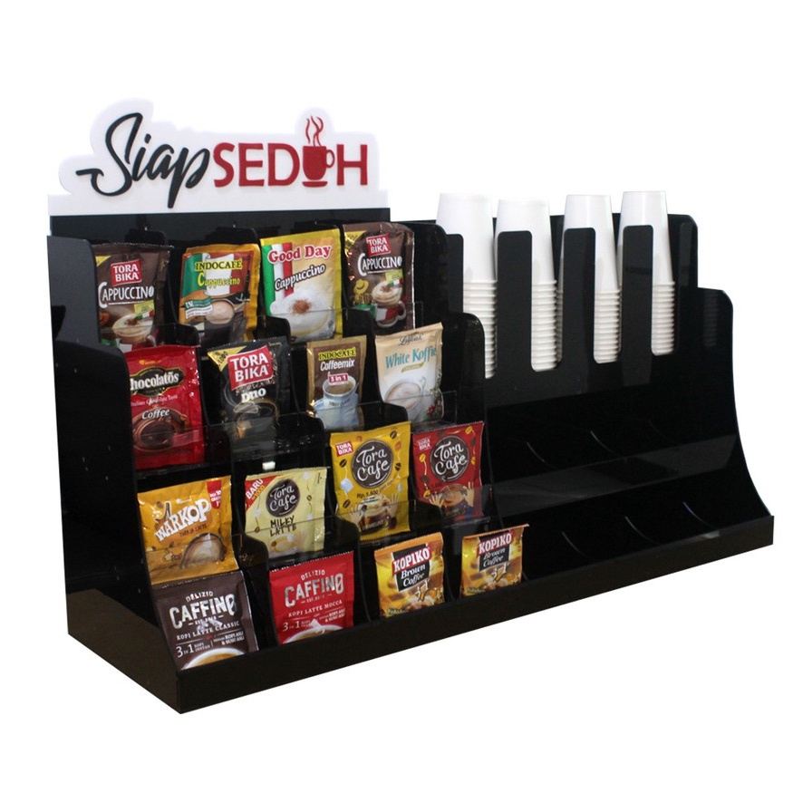 Rak Akrilik Kopi Display Siap Seduh Medium & Cup Organizer / Rak Kopi