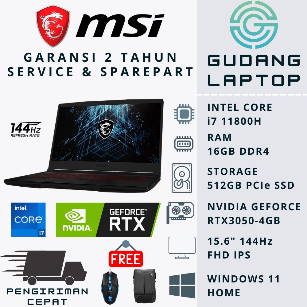 LAPTOP GAMING MSI GF63 THIN 11UC i7 11800H 8GB 16GB 32GB 512GB RTX3050 144Hz WIN11