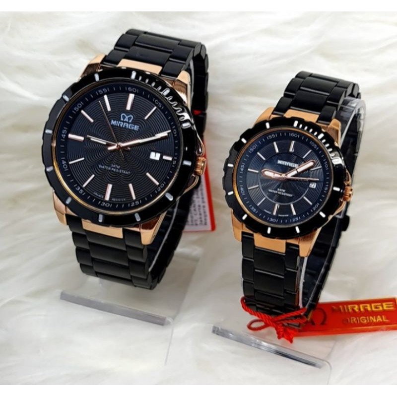 jam tangan couple;MIRAGE M8549BRP-Lhitam rosegold~ORIGINAL WATER RESISTANT~Tgl~STAINLEES