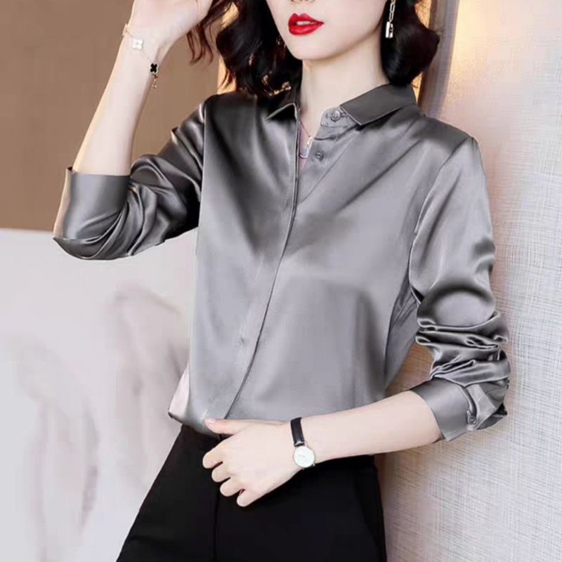 2320 Atasan lengan panjang polos satin silk Import Wanita Kemeja polos panjang tangan satin Import