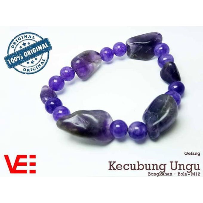 Vee Gelang  Batu Kecubung Ungu Bongkahan Asli Natural + Bola T88 Berkualitas