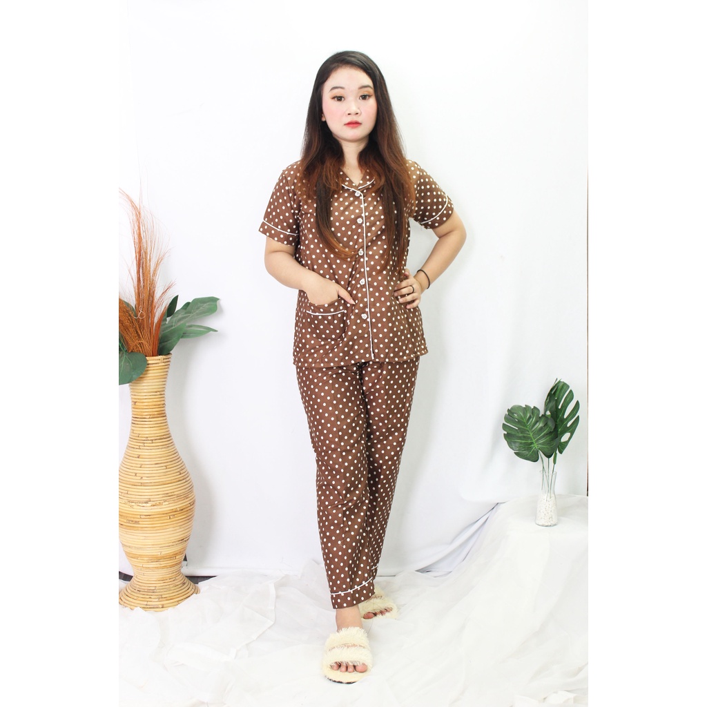 OKHISHOP - CP1 Piyama Pajamas CP Baju Tidur Piyama Wanita Dewasa Setelan CP Motif Trendy Karakter Kotak Guilen-CP Polka Coklat