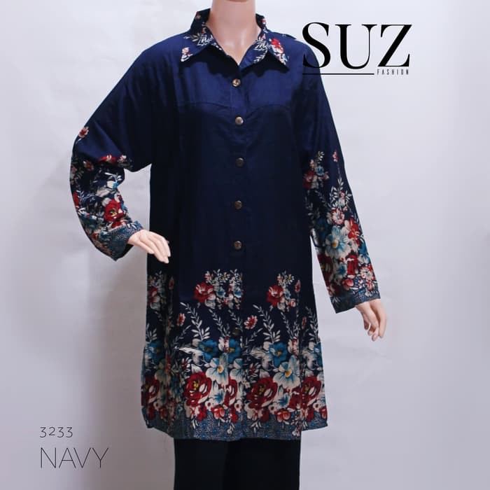 Atasan Tunik Muslim Jumbo Kemeja Panjang motif bunga - Navy- 4L