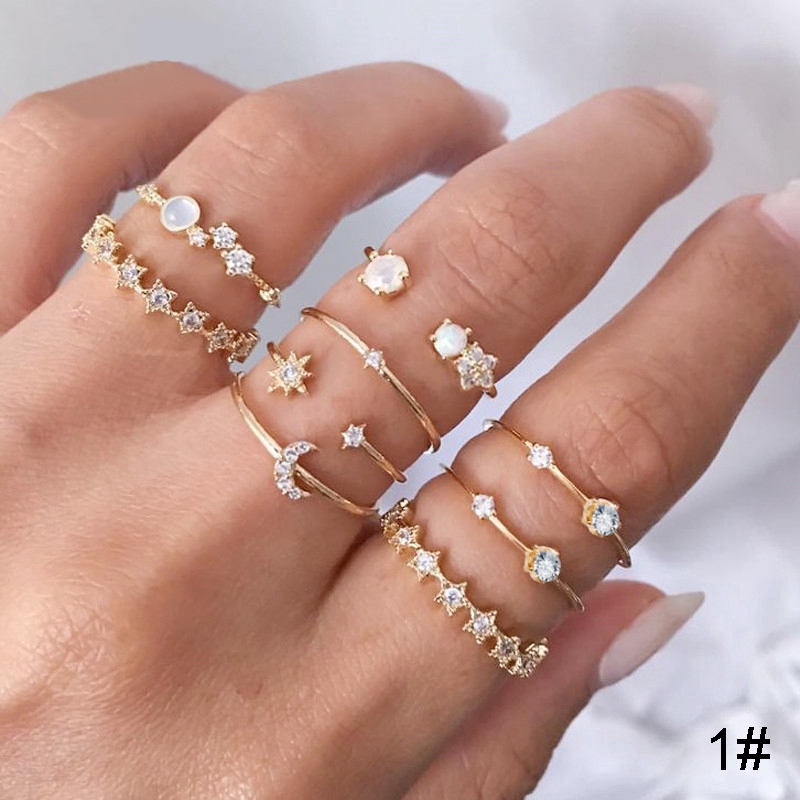 Cincin emas Set Bohemian Vintage Crystal Moon Star Rings Wanita Cincin Perhiasan Aksesoris Hadiah