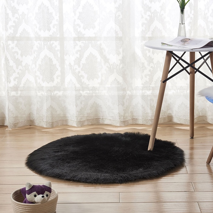 Karpet Bulu Bulat Karpet Minimalis Dekorasi Kamar Tidur Karpet Aesthetic Kamar Warna Hitam Diameter 80cm