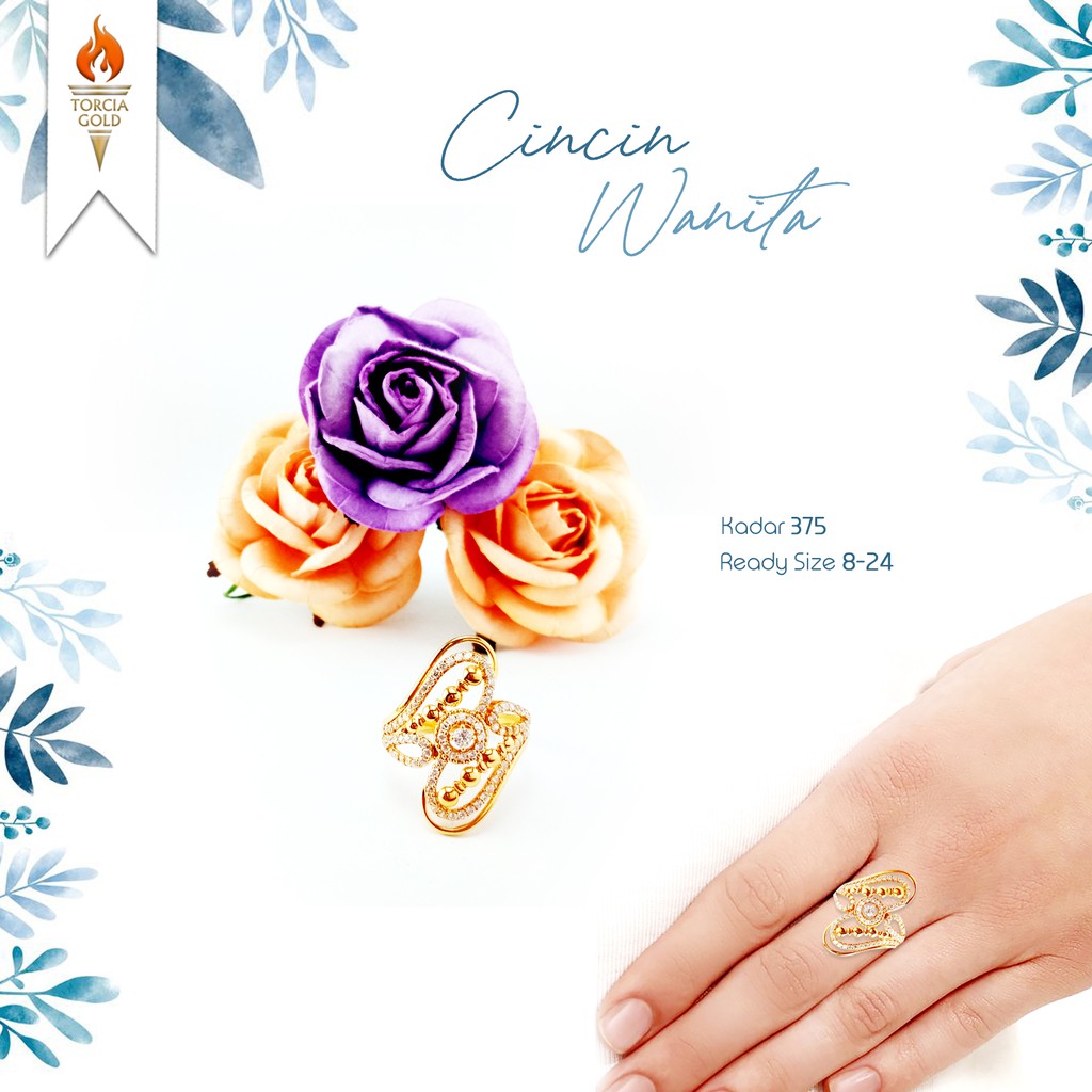 Cincin Wanita Emas Asli Besar 8 Kadar 375 Torcia Gold