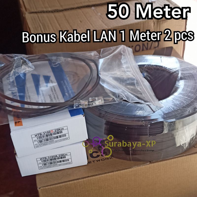 Paket Fiber Optic Dropcore 50 m + Konverter FO Optik HTB-3100 AB