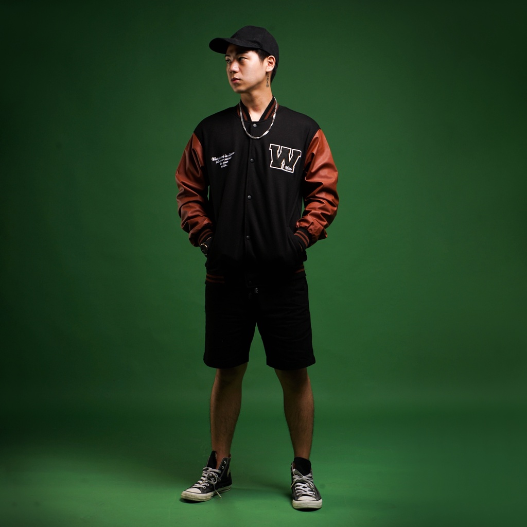 [BISA COD] Jaket Baseball Varsity Pria Wanita Black Lokky, With Premium Leather Material (Original 100%)