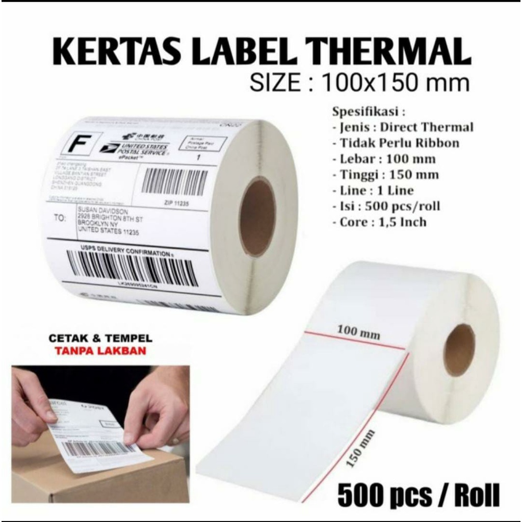 Kertas Thermal Label Sticker Barcode ROLL 500lembar Ukuran A6 100x150/Stiker Termal 100 x 150 Tanpa Ribbon