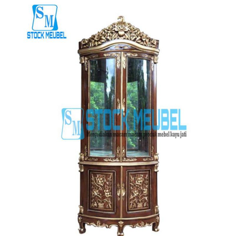 Lemari Sudut Mawar Ukir Jepara |  Almari Buku Pojok  Ruang Tamu | Kabinet Hias Kaca Kayu Jati