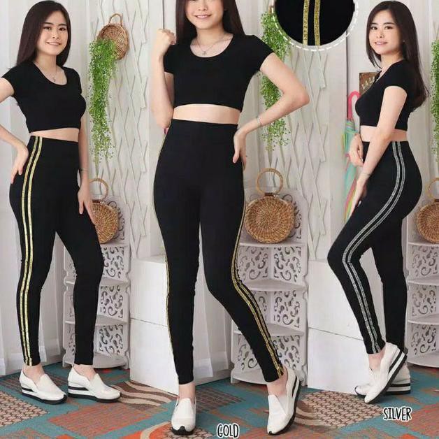 ✪ CELANA LEGGING WANITA STRIPE GARIS 2 / LEGING FASHION IMPORT GLITER - GOLD ☪