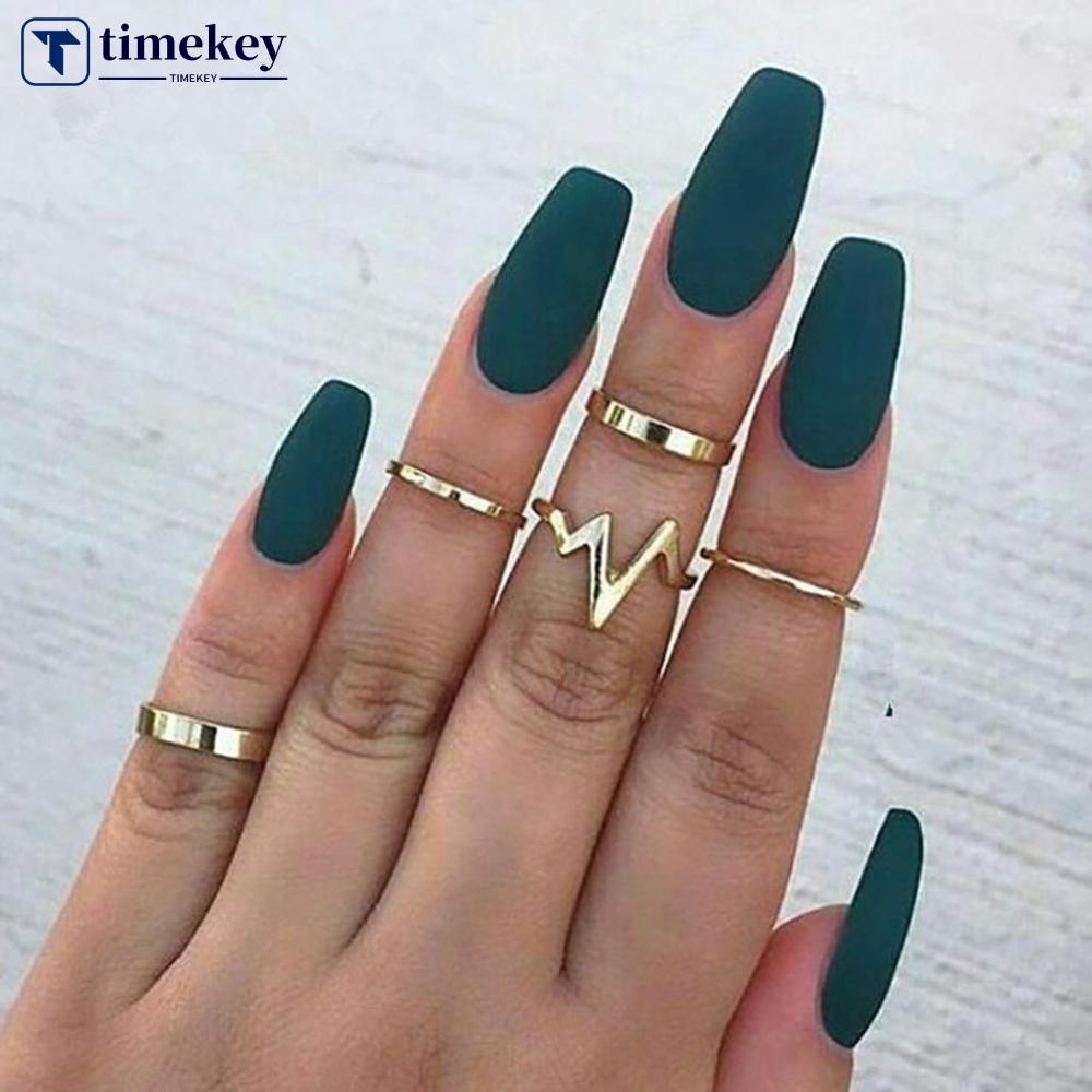 Timekey 5pcs / Set Cincin Buku Jari Aneka Bentuk Warna Gold / Silver Untuk Wanita A1K9