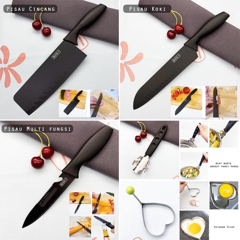 Set Pisau Dapur Premium 5 Pcs in 1 Warna Hitam Stainless Steel Anti Karat Perlengkapan Dapur Chef Knife Set Clever Import - J12 - Comforthomes