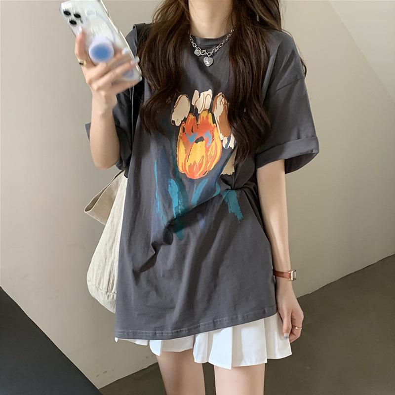 #Sisjuly# Kaos lengan pendek wanita mid-length wanita baru Amerika retro versi besar atasan setengah