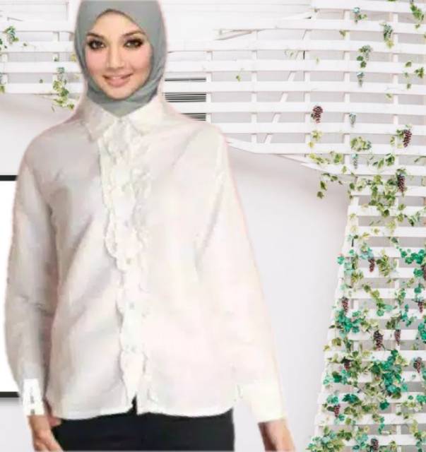 Kemeja formal wanita putih renda kancing jamur