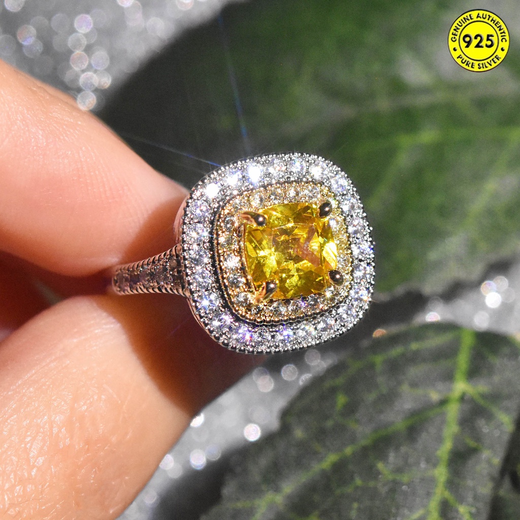 Cincin Berlian Kuning Bentuk Kotak Bahan S925 Silver