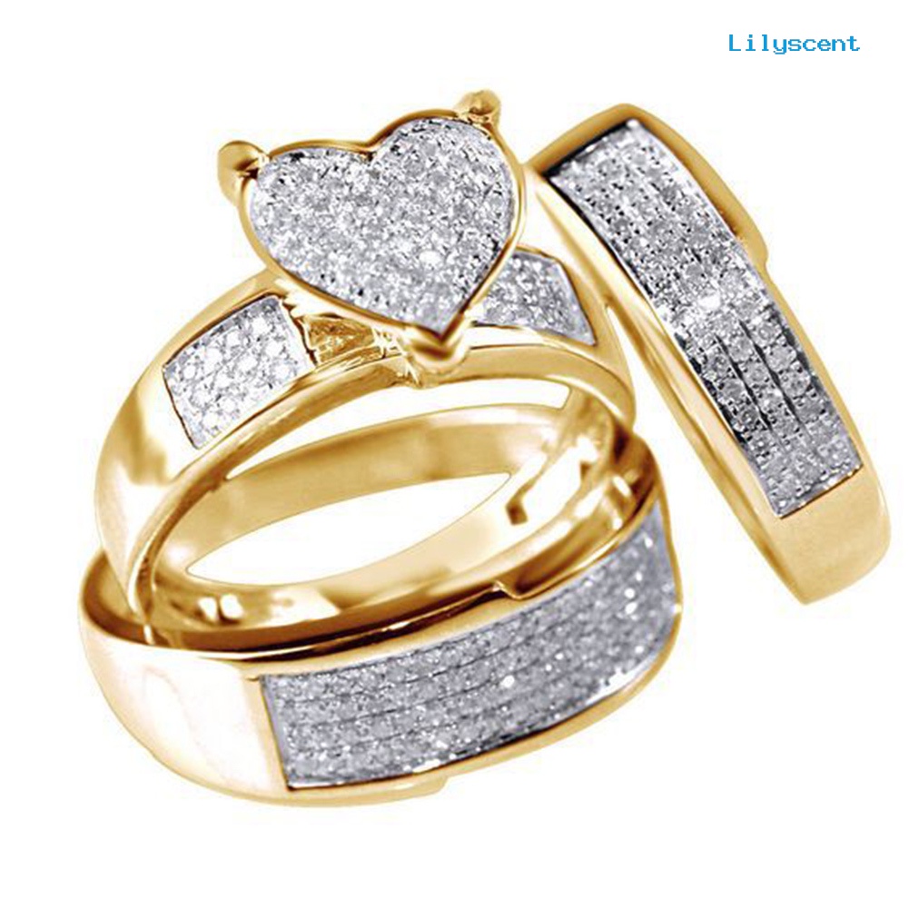 3pcs / Set Cincin Jari Stacking Bentuk Hati Aksen Berlian Imitasi Untuk Pernikahan