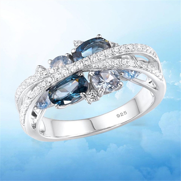 Cincin zircon Biru Laut Bentuk x Model hollow