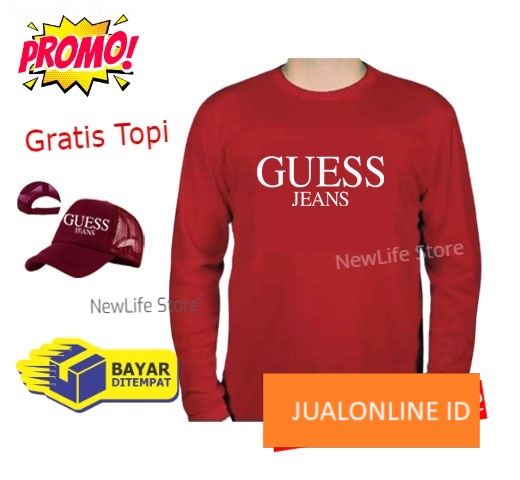 Beli Baju Gratis Topi - Kaos Distro Guess Jeans Putih  Premium Pria Wanita Lengan Panjang