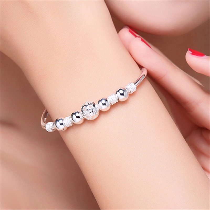 Gelang Manik-Manik Keberuntungan Adjustable Warna Silver Untuk Wanita