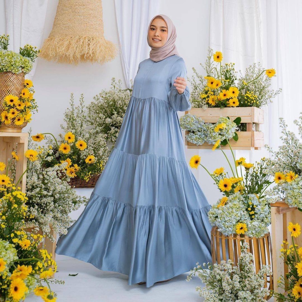 Mega Iskanti Dress Wanita Armani Silk Gamis Terbaru Lengan Panjang Karet Rufel Fashion Muslim Kekinian LD 105 cm