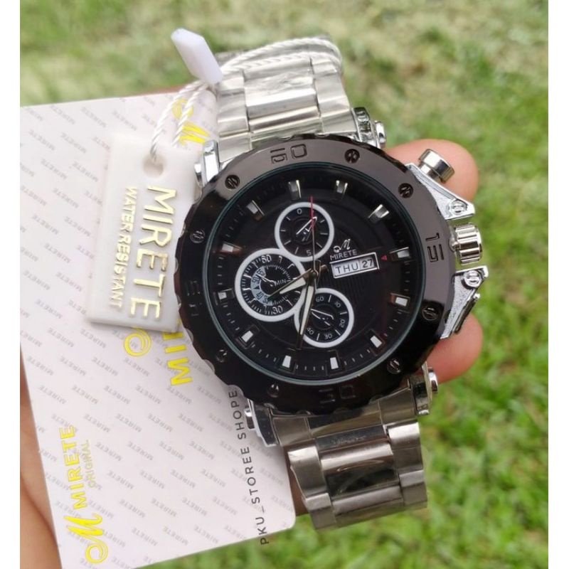 SPORTY MIRETE ORIGINAL SILVER PLAT HITAM TERBARU/JAM TANGAN KASUAL PRIA  TERMURAH TAHAN AIR  FITUR TANGGAL HARI/JAM TANGAN COWOK RANTAI STAINLIS STEL MIRETE ORIGINAL COD/JAM TANGAN IMPORT KEKINIAN DAN TERLARIS FREE BATRAI MIRETE M 97