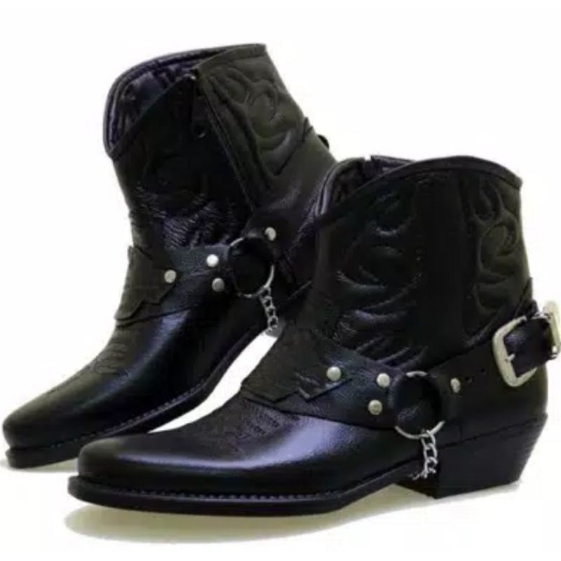 Sepatu Kowboy - Sepatu Boots Pria Sepatu Koboi Kulit Kowboy Bikers Coboy Moge Joungle Original Hitam Black