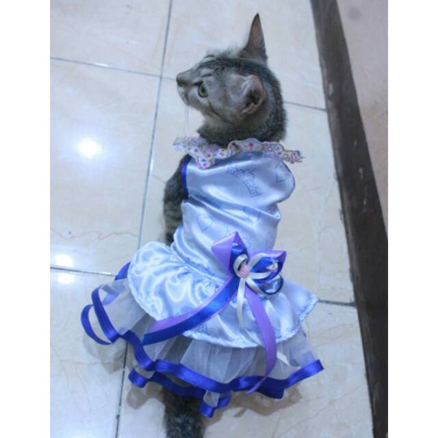 Dress biru satin motif lucu untuk kucing dan anjing size S M L XL