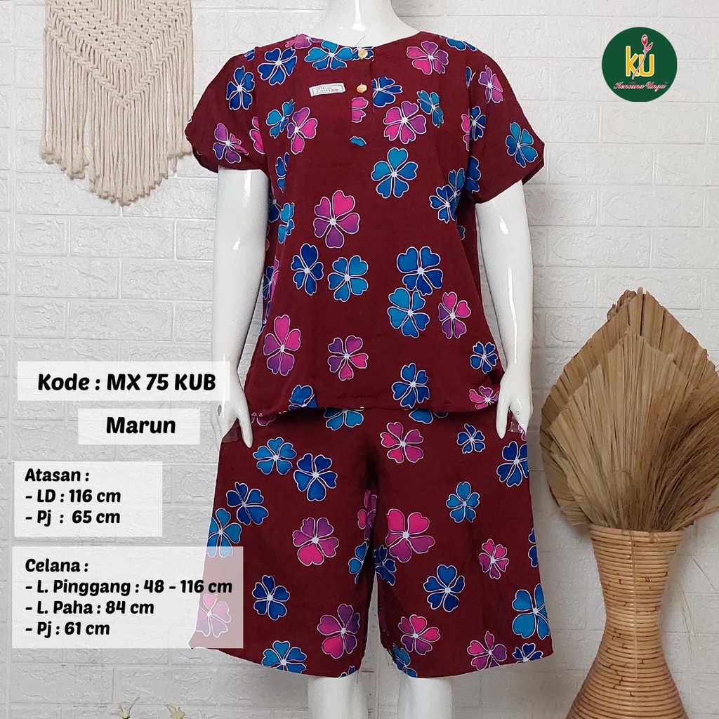 Bisa COD MX75 KUB | Setelan Kulot Celana Pendek Batik Kencana Ungu Asli Label Biru | Baju Santai Piyama Tidur Wanita Kancing Depan Busui Friendly Motif Terbaru-Marun D
