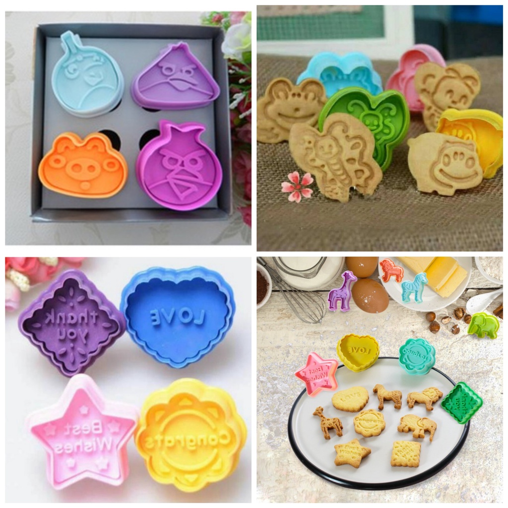 Set Cetakan Kue Kering Fondant Roti Cookies Cutter Aneka Bentuk Plunger Cutter Fondant Isi 4 Cetakan Cookies Aneka Bentuk Lucu Cetakan Kue Kering Cetakan Ucapan Bahan Plastik