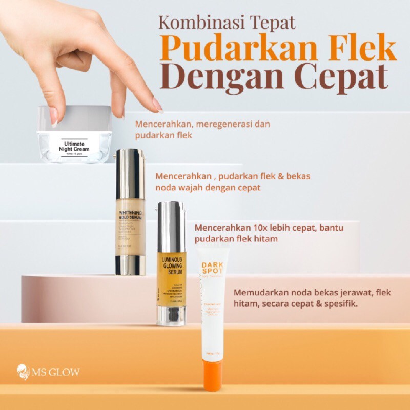 Ms Glow produk Lengkap penghilang FLEK di wajah ( night ultimate , darkspot, serum gold & luminous)