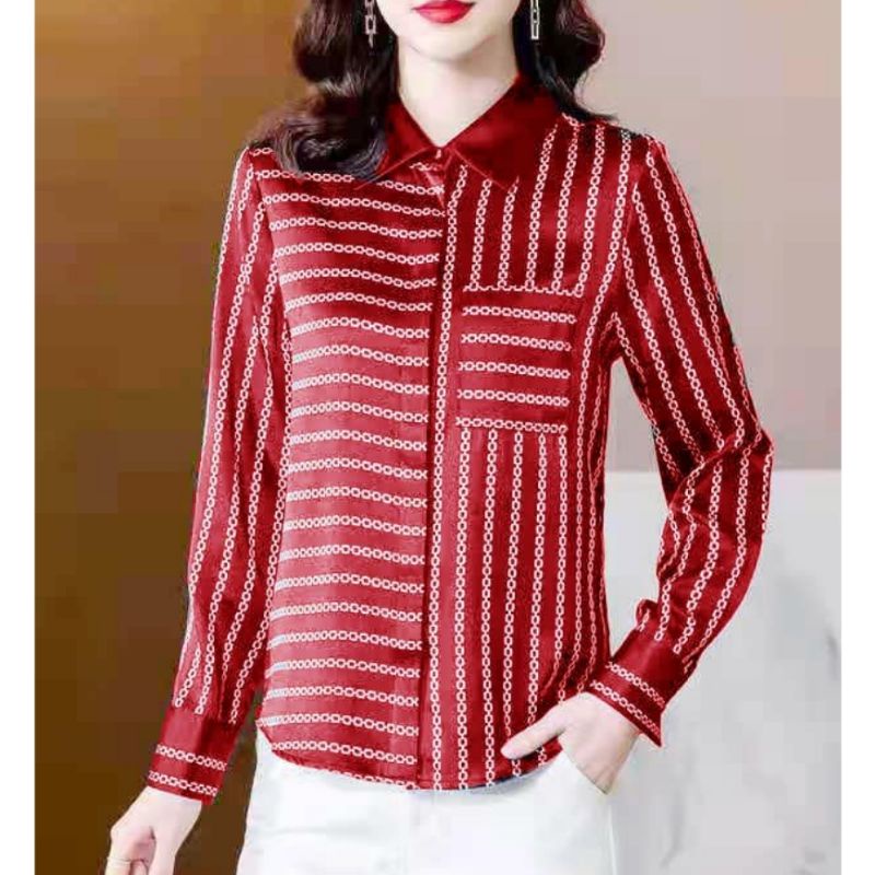 MDLV ~ 7122 Versania Hidden Button Shirt Women Line Shirt Premium Kemeja Garis Kemeja Satin Premium Kemeja Satin Lengan panjang Kemeja Casual Kemeja wanita Fashion Import