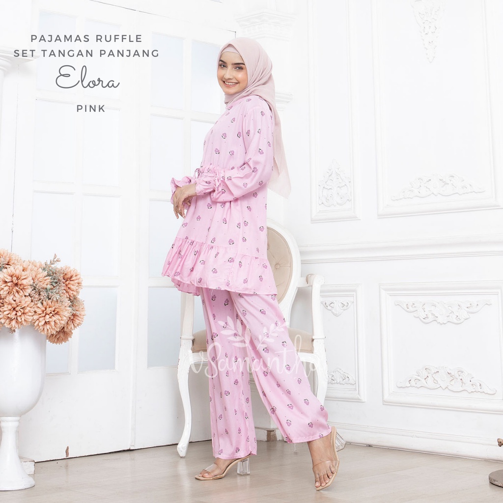 vSamantha - Pajamas Set / Piyama Set Muslim Rayon Rempel Busui Friendly - Tangan Panjang II-Elora Pink