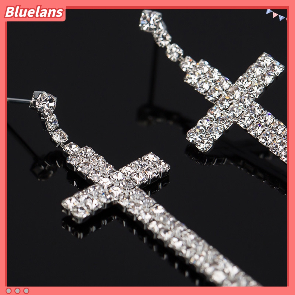 Bluelans Women Rhinestone Cross Pendant Single Double Rows Dangle Eardrop Stud Earrings