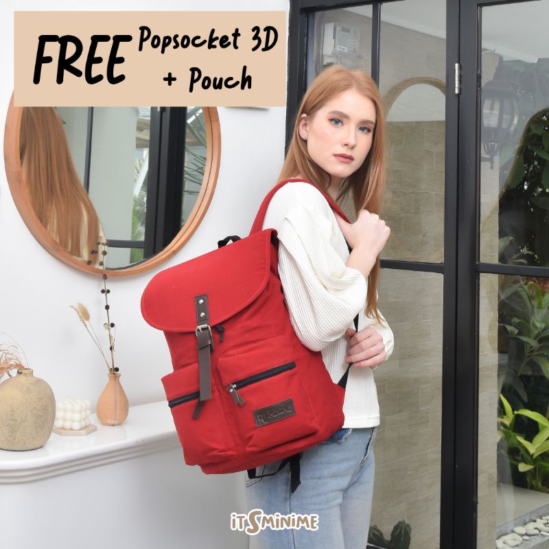 TAS RANSEL KANVAS UNTUK LAPTOP 14 INCH, KAGAMI BACKPACK MERAH