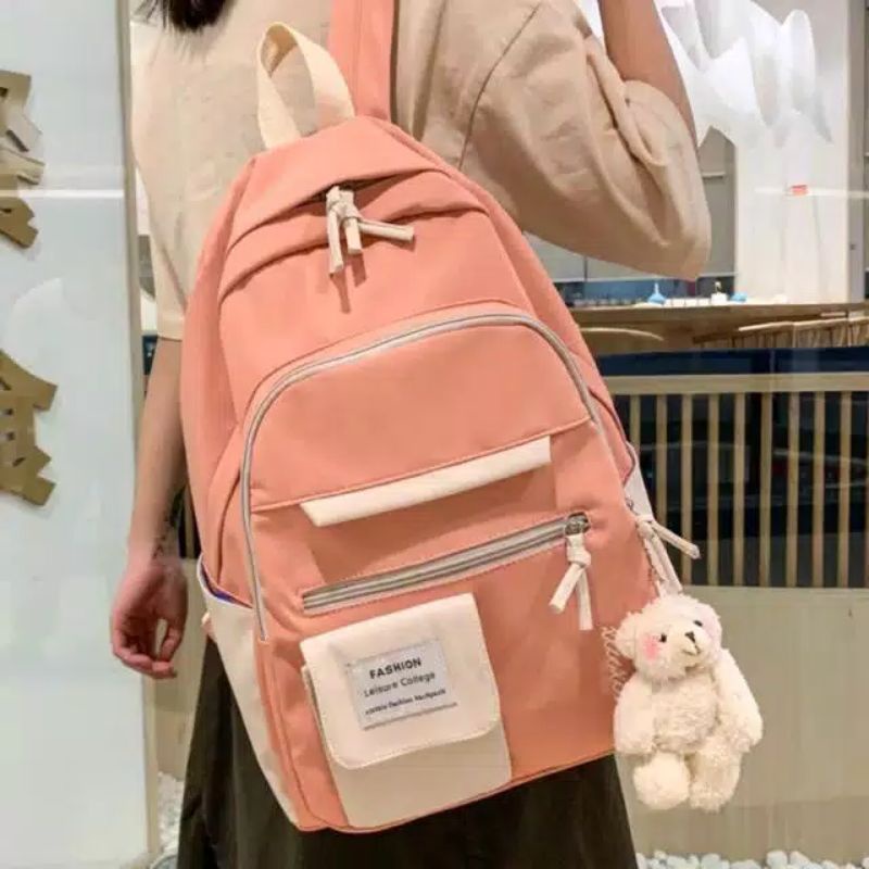 BACKPACK KOREA MULTIFUNGSI LEISURE TAS SEKOLAH WANITA KANVAS BACK TO SCHOOL WANITA CEWEK TERLARIS-Pink