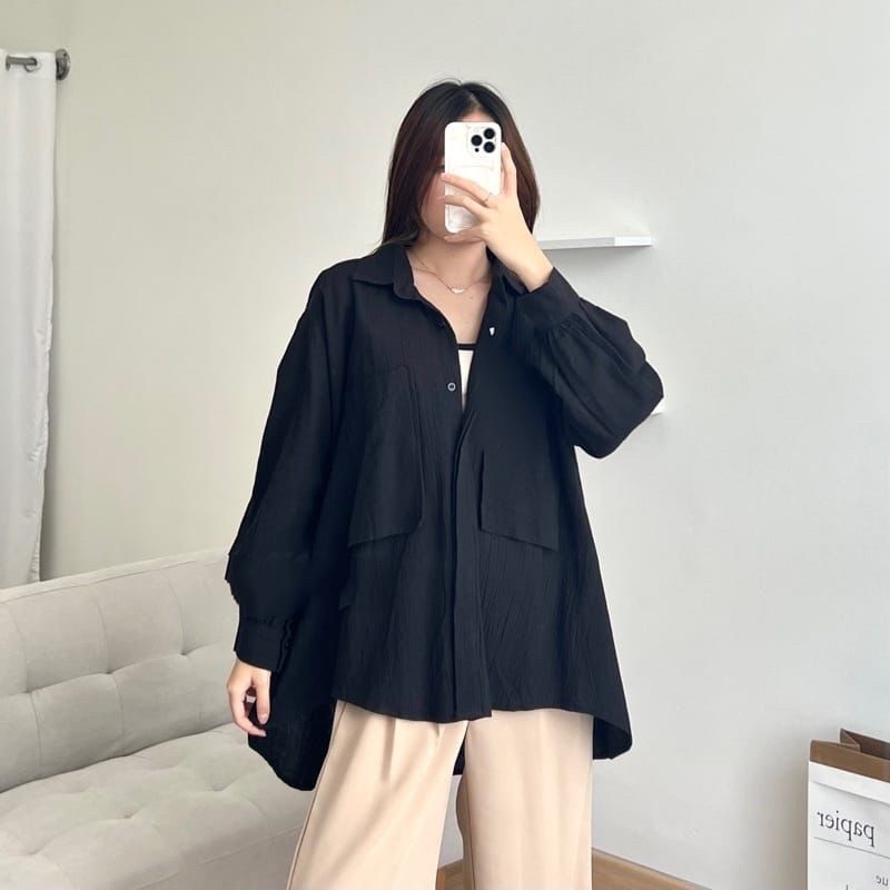 Niki Shirt Oversize Kemeja Basic Linen Crincle Jumbo Atasan Wanita LD 120