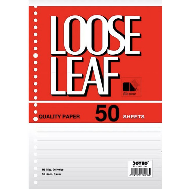 

LOOSE LEAF JOYKO KERTAS BINDER REFFIL BERGARIS PUTIH ISI 50 B5 RING 26 LUBANG 36 GARIS PER PAK