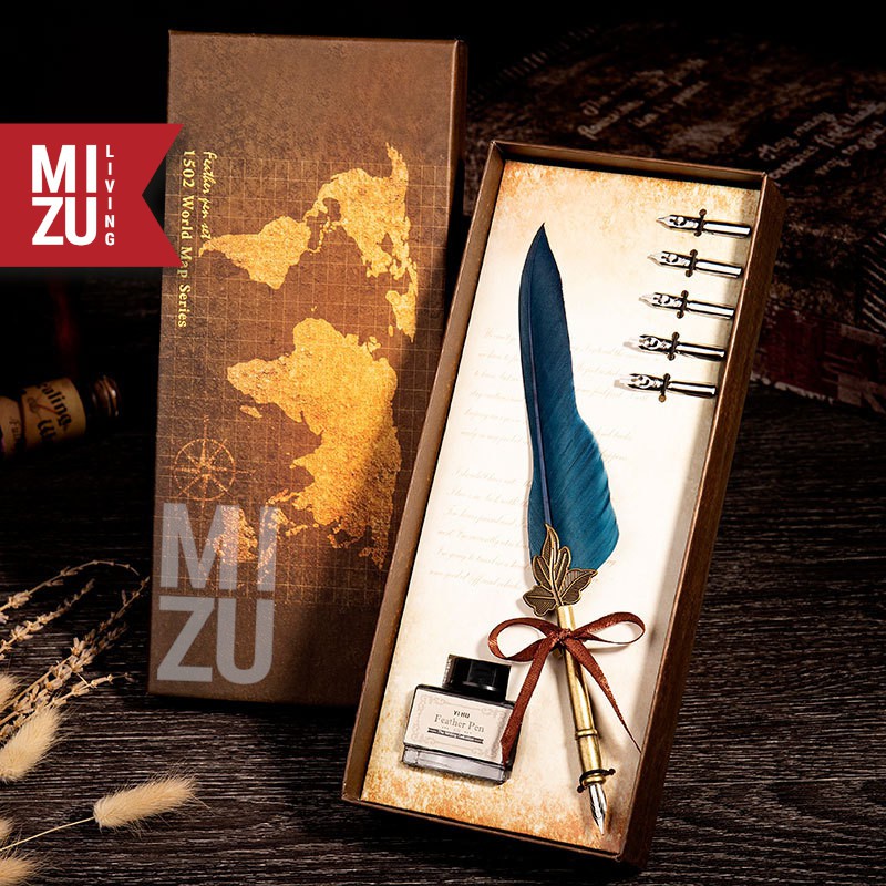 MIZU HANEPEN Calligraphy Set Kaligrafi Feather Quill Dip Pen Bulu 6 Steel Nibs 1 Ink Tinta