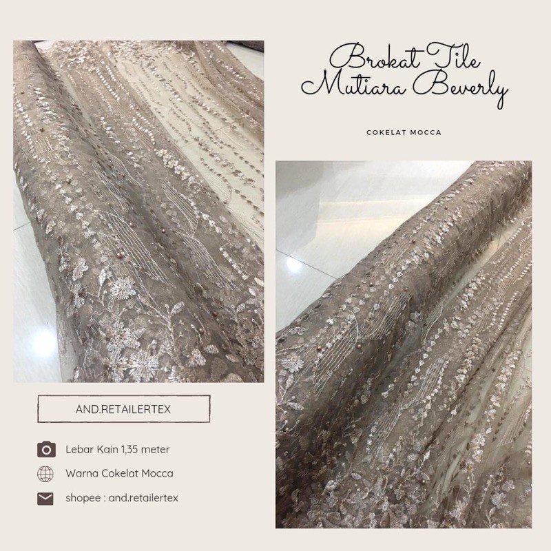 Kain Brokat Tile bordir Beverly Mutiara warna coklat Mocca Moka