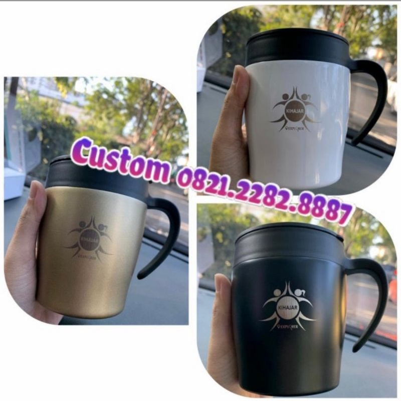 Custom Mug Kopi 380ml + Sendok Stainless Grafir Logo / Nama Mug H6066