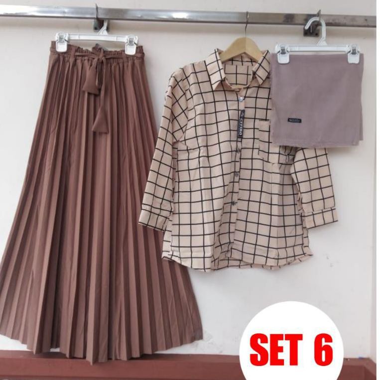 PROMO PAKET HEMAT [COD] ONESET SETELAN KEMEJA KOTAK+ ROK PLISKET + HIJAB / SETROK HIJAB MOTIF/SETELA