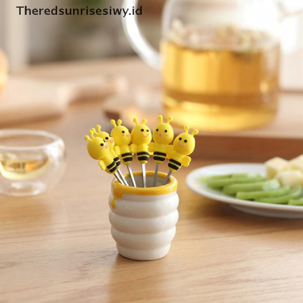 # Alat Pemotong Buah # 6pcs / set Garpu Buah Mini Bahan Stainless Steel Keramik Motif Kartun Lebah Untuk Anak