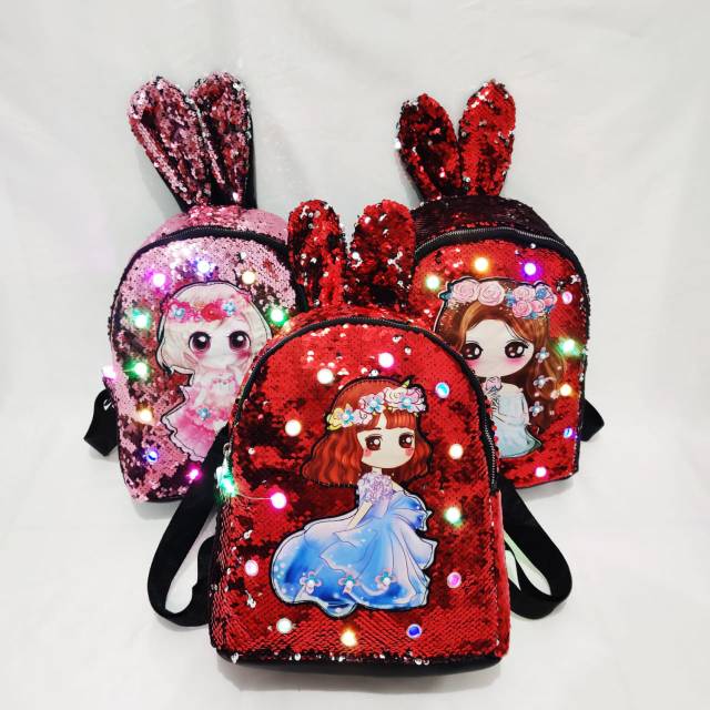  TAS  RANSEL SEQUIN KARAKTER LOL  PRINCESS TELINGA LED  NYALA 