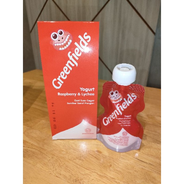 Greenfields yogurt pouch squeeze 80gr varian rasa terbaru rasberry & lychee grosir termurah