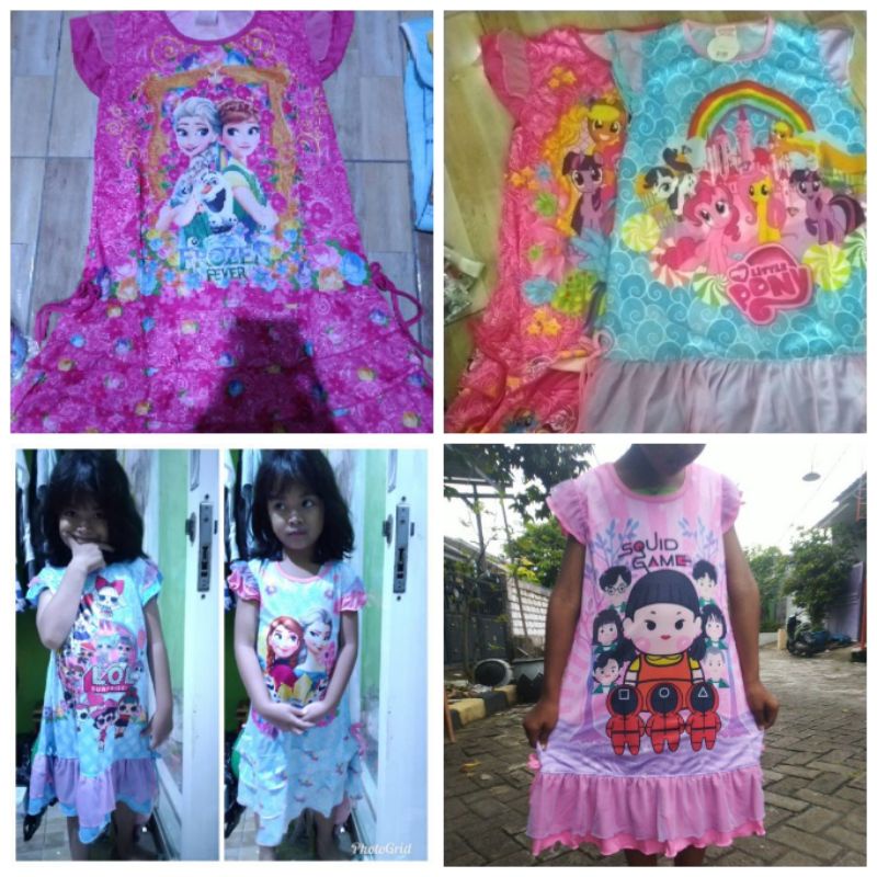 daster anak karakter frozen lol pony princess shopia barbie squid game ada yang jumbo