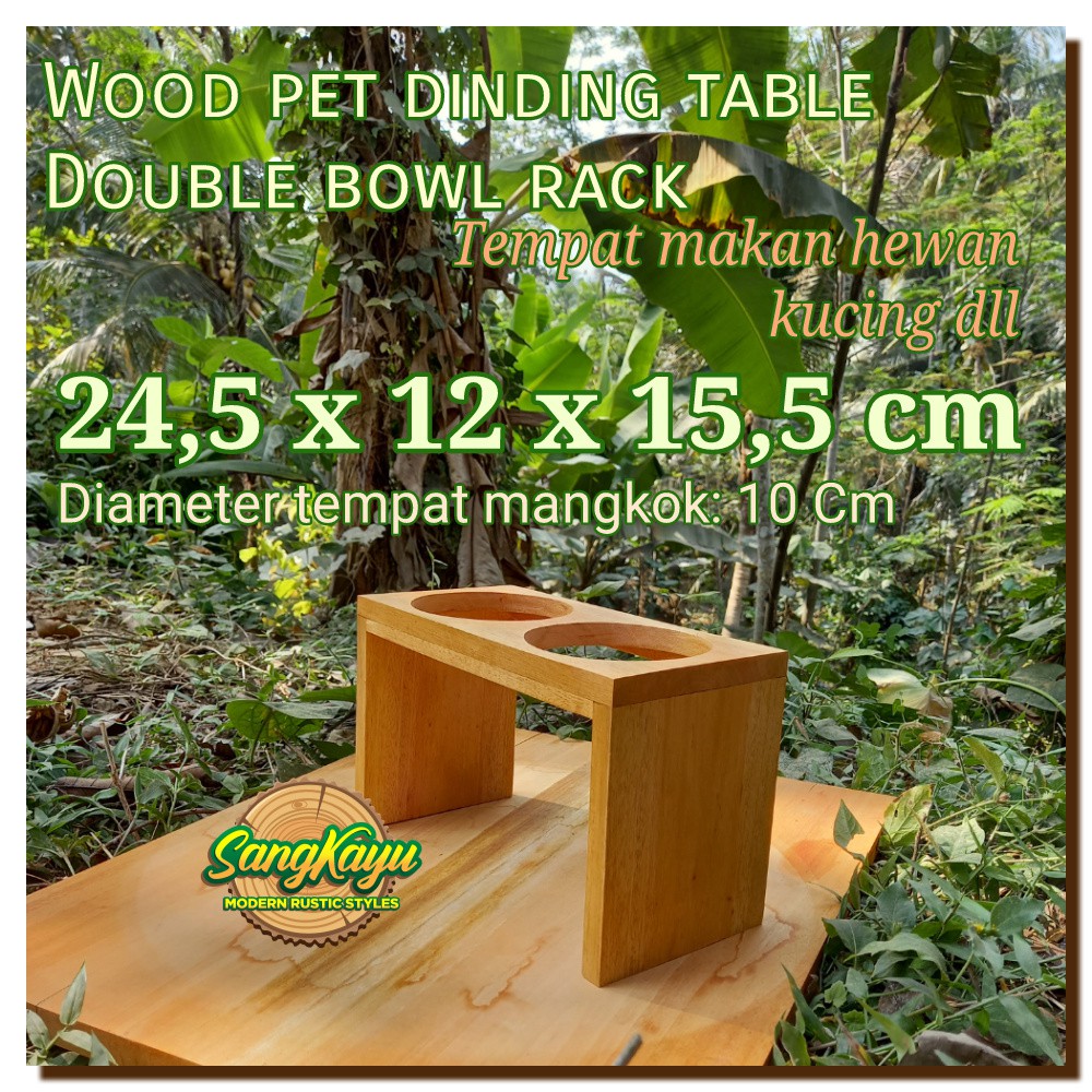 Wood Pet Dining Table Double Bowl rack tempat makanan kucing anjing