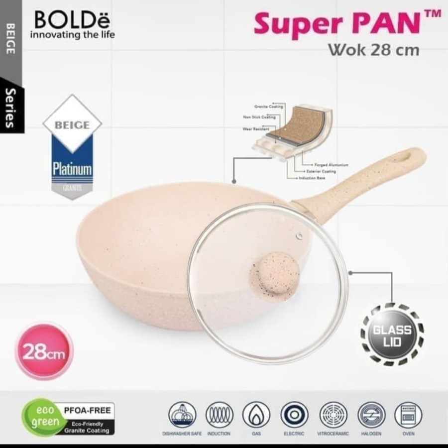 Super Pan BOLDE Wok 28cm+Glass LID BEIGE/DARK KNIGHT