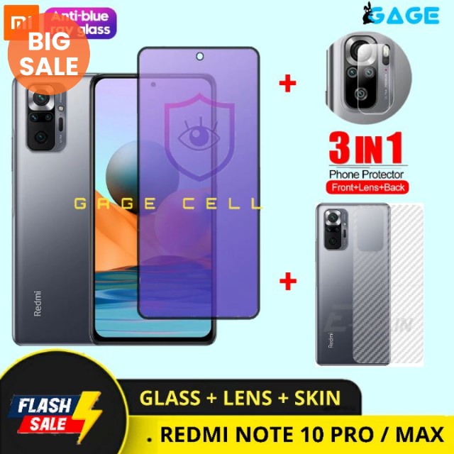 PAKET 3 IN 1 TEMPERED GLASS ANTI RADIASI BLUE LIGHT XIAOMI REDMI NOTE 10 PRO / MAX FULL LAYAR SCREEN